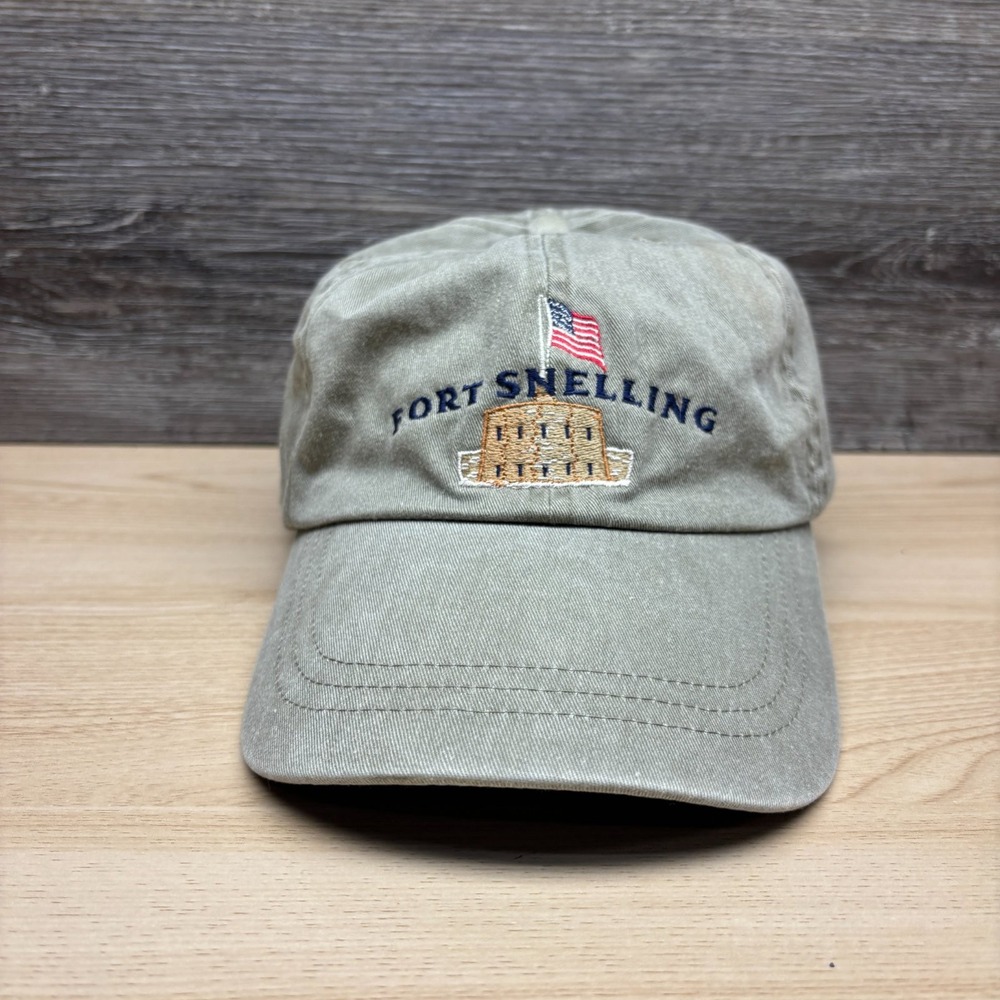 Vintage Fort Snelling Fahrenheit Hat Cap Strap Back Beige Logo American Flag
